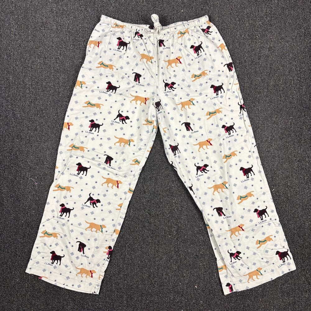LL Bean Pajama Pants Womens White Dog Snowflake Print Cozy Size Medium Petite